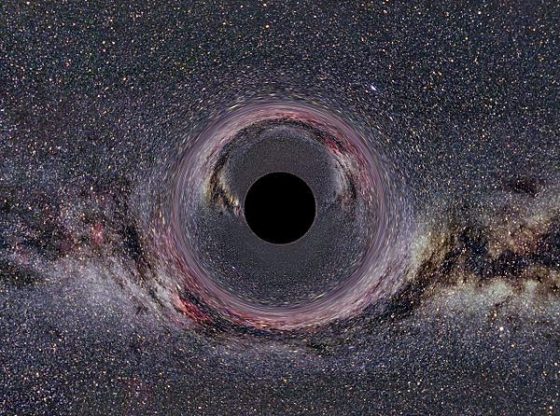 CC: Ein simuliertes Schwarzes Loch von 10 Sonnenmassen vor Milchstraßenhintergrund aus 600km Abstand gesehen (horizontaler Öffnungswinkel der Kamera: 90° by Ute Kraus